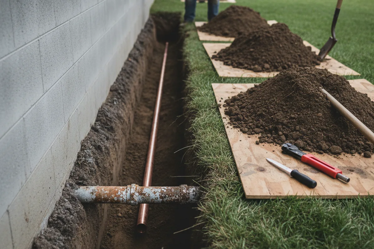 Excavated water line trench during Sewer Line Repair in North Fort Myers